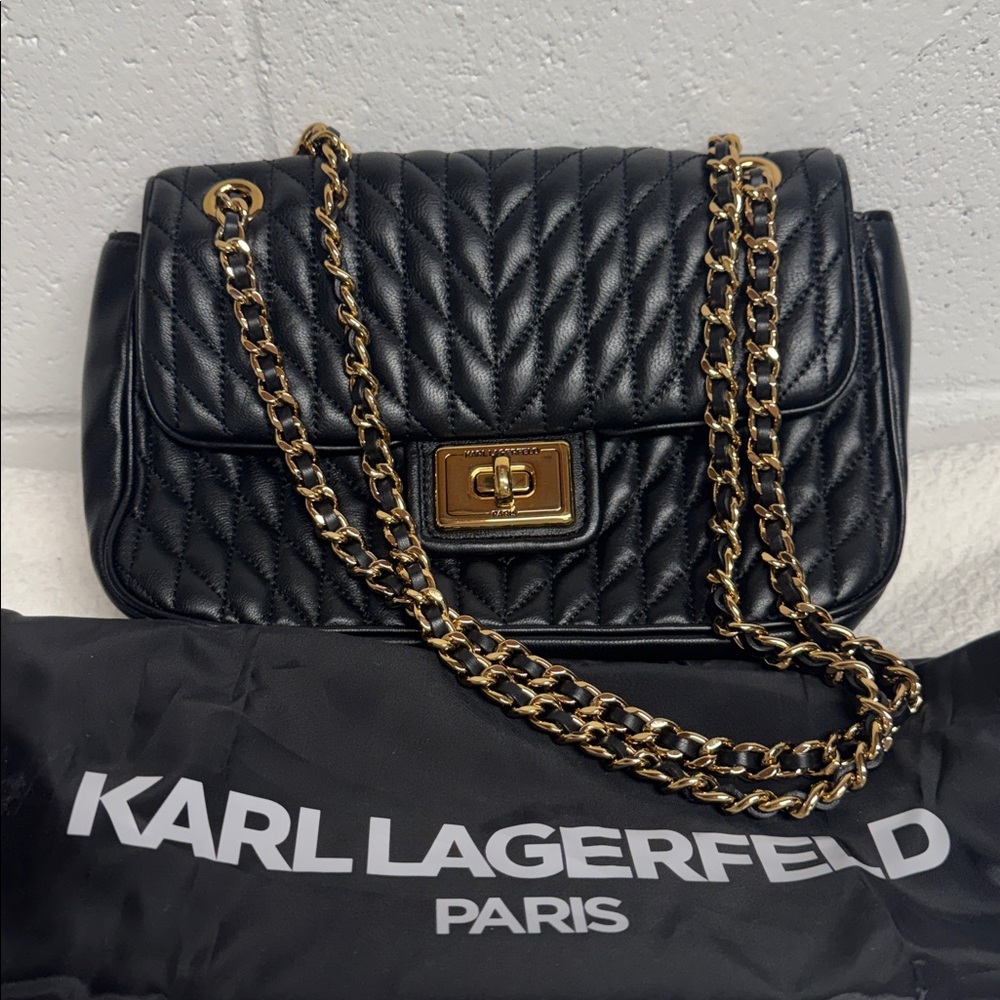 Karl Lagerfeld Black Quilted Bag with Gold Chain